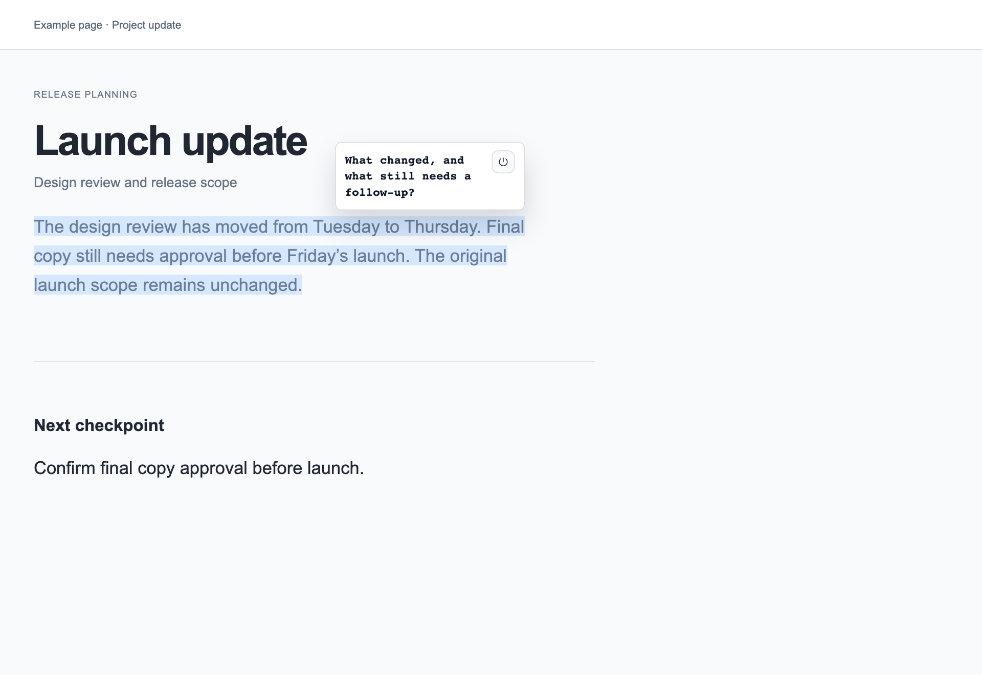Lensel highlight-and-ask interface on an example launch update page