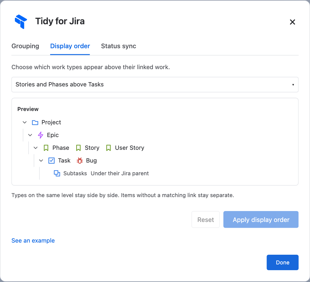 Tidy for Jira display-order settings with a cascading work-type preview
